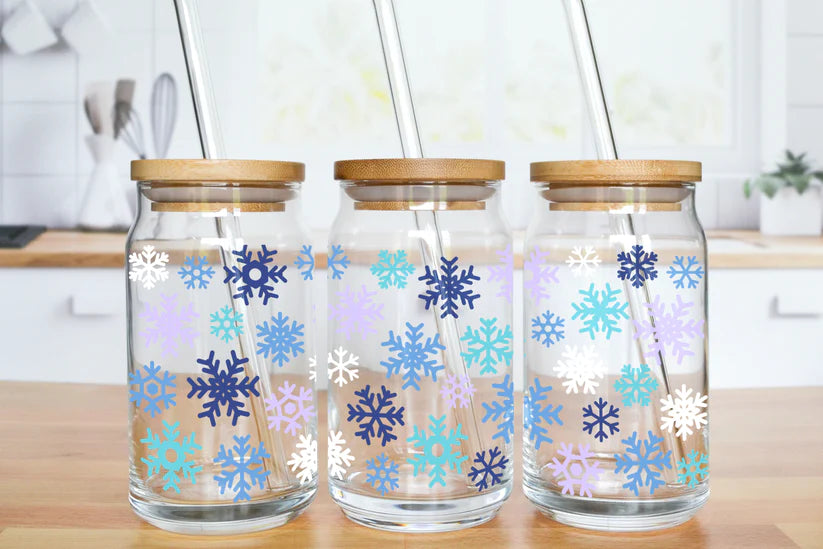 Snowflake 16oz Glass Cup with Bamboo Lid and Glass Straw