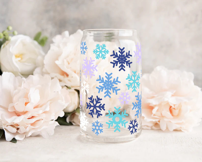 Snowflake 16oz Glass Cup with Bamboo Lid and Glass Straw