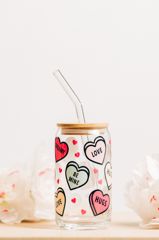 Candy Hearts 16oz Glass Cup with Bamboo Lid and Glass Straw