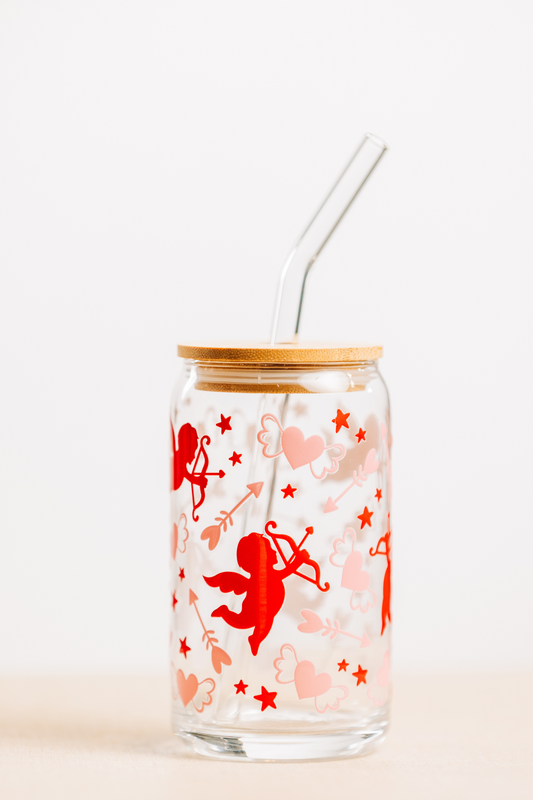 Cupid Hearts 16oz Glass Cup with Bamboo Lid and Glass Straw