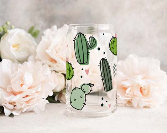 Cute Cactus 16oz Glass Cup with Bamboo Lid and Glass Straw