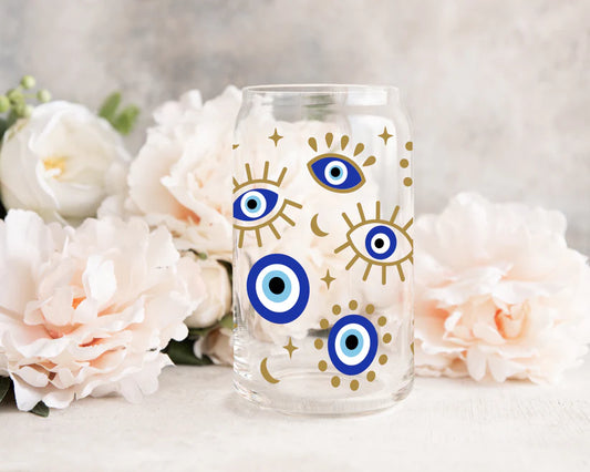 Evil Eye 160z Glass Cup with Bamboo Lid and Glass Straw