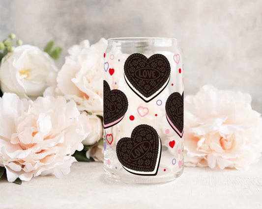 Heart Love Cookies 16oz Glass Cup with Bamboo Lid and Glass Straw