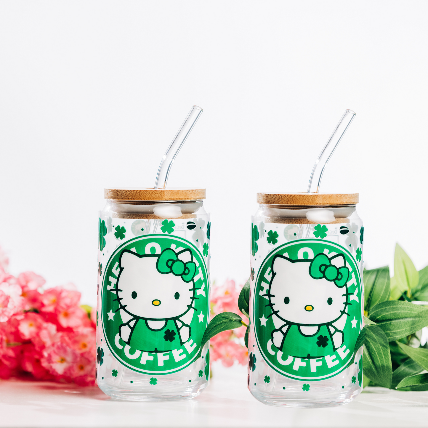 Hello Kitty St. Patrick's Day 16oz Glass Cup with Straw