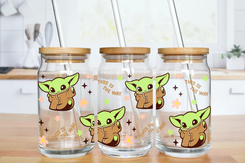 "This Is The Way" Baby Yoda 16oz Glass Cup with Bamboo Lid and Glass Straw