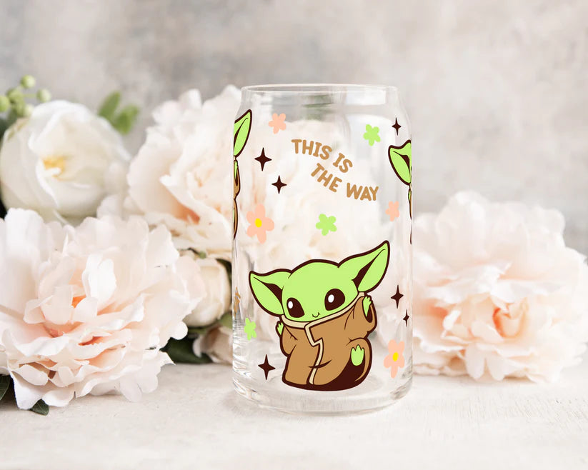 "This Is The Way" Baby Yoda 16oz Glass Cup with Bamboo Lid and Glass Straw