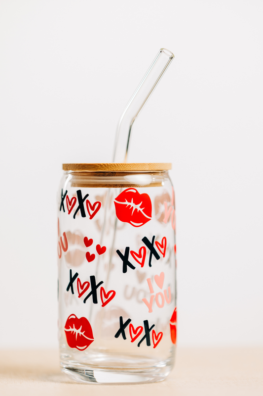 XoXo I Love You 16oz Glass Cup with Bamboo Lid and Glass Straw